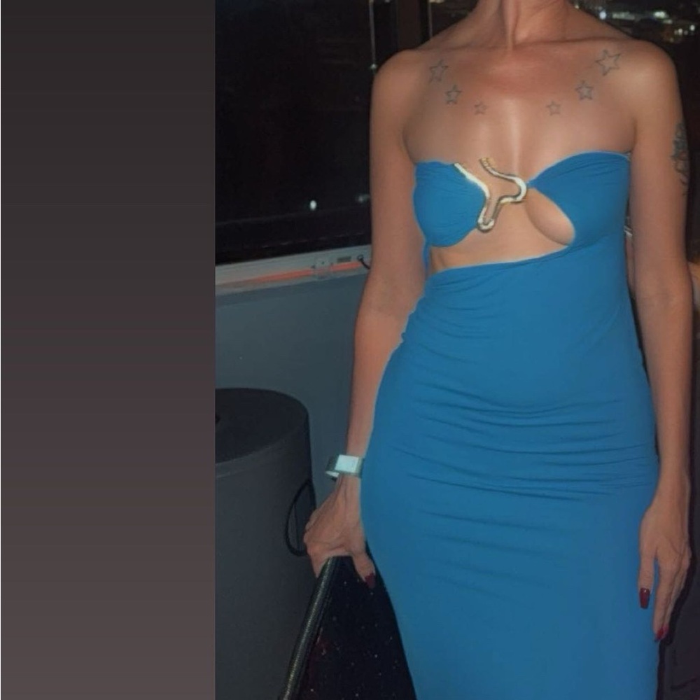 JLUXLABEL Strapless Blue Dress with Gold Accent